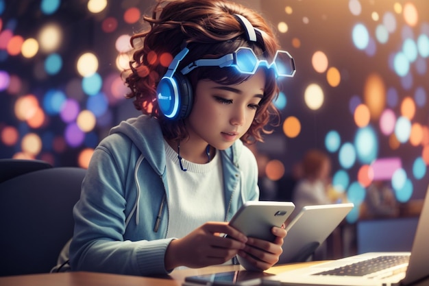 A young lady wearing headphones and holding a tablet device