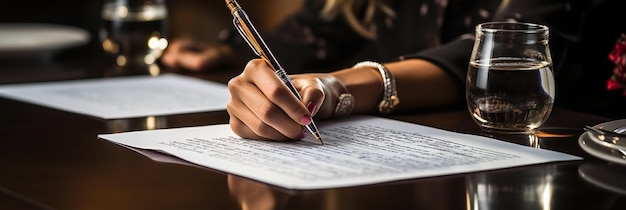 A young lady writing on a paper using pen