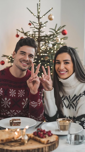 Young latin couple sitting on the table by christmas tree smiling looking to the camera showing fin