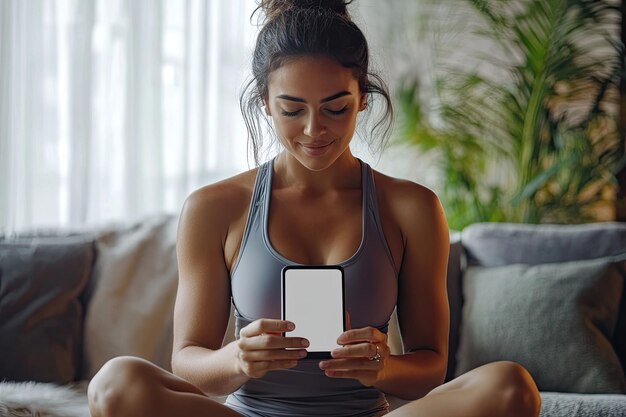 Photo young latin woman in sportswear check tracker pulse with empty screen in living room close up