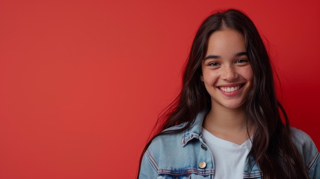 Photo a young latina girl beams joyfully against a vibrant red backdrop