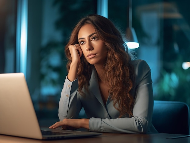 A young Latina professional employed as a businesswoman in an office setting is diligently seated