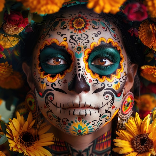 a young Latina womans Calavera Catrina transformation