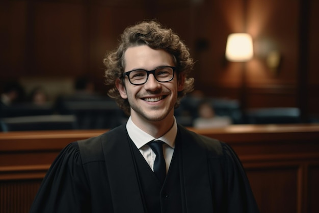 Young law university graduate in the courtroom in the gown after successfully defending diploma