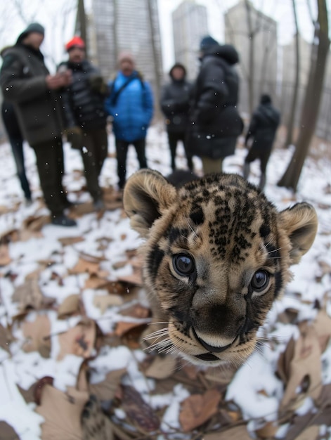 Photo a young leopard cub stares up at a group of humans in a snowy urban park