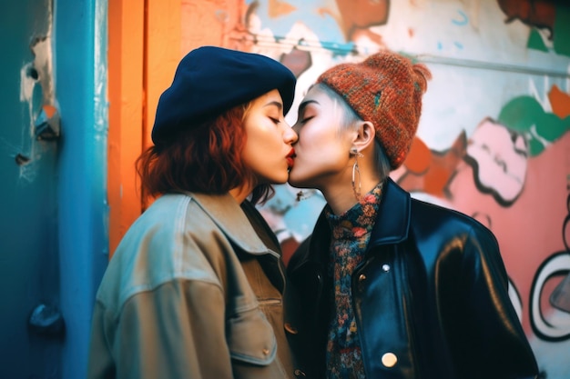 Young lesbian couple kissing on the street to celebrate LGBTQIA pride day Generative AI