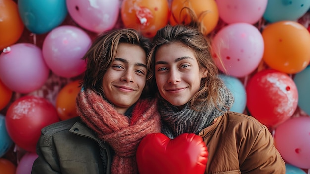 Photo young lesbian couple with heartshaped balloons on blue background valentines day celebration