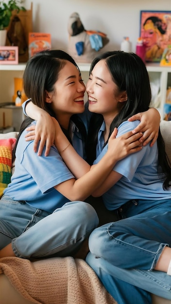 Photo young lesbian lgbtq asian women couple hug and kiss at home