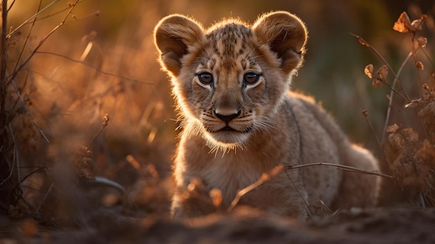 A young lion cub is in the grass.