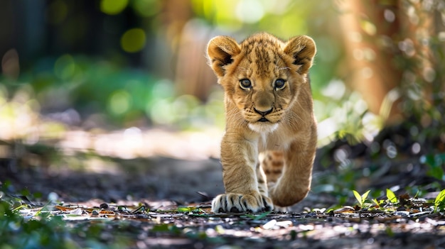 Photo a young lion cub is walking on the ground