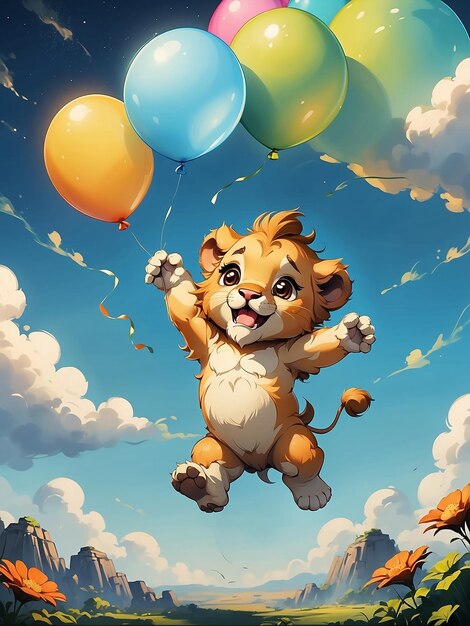 Young lion flying through the sky with colorful balloons