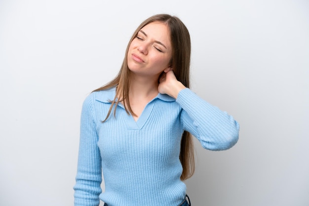 Young Lithuanian woman isolated on white background with neckache