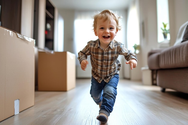 a Young little boy joyfully running in his new home or a new apartment with cardboard box