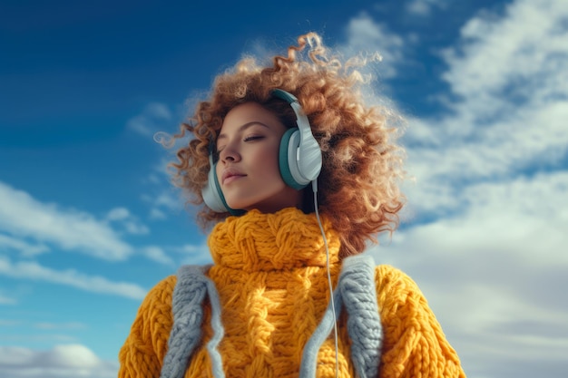 Young lofi woman wearing headphones and colorful winter clothes with a sky background