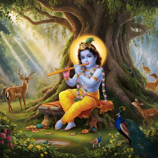 young Lord Krishna playing his flute under a large tree