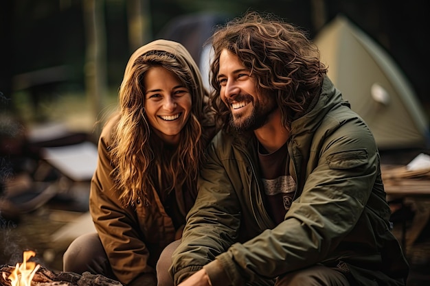 Young loving couple in camping in the forest