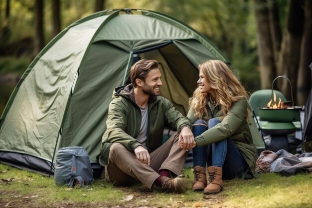 Young loving couple in camping in the forest