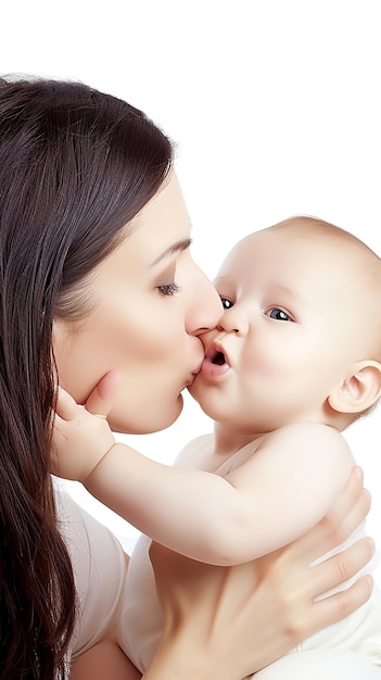 Young loving mom kissing her new born baby isolated