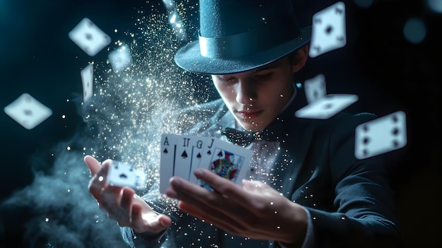 Photo young magician performing mesmerizing card tricks with sparkling magic dust