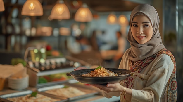 A young Malay woman wearing a hijab smiles warmly as she holds a plate of food in a restaurant setting The warm lighting and inviting atmosphere create a welcoming and pleasant ambiance