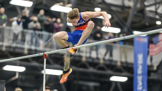 Photo young male athlete in blue and orange uniform jumping over a bar during a track and field event