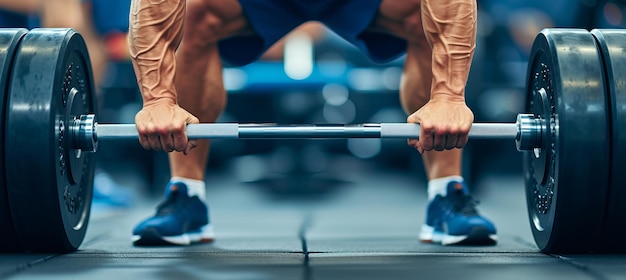 Young male athlete bodybuilder exercising in gym with copy space for text placement