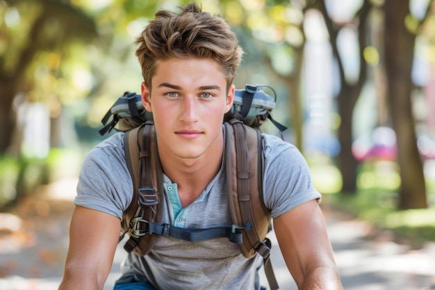 Young male backpacker enjoying a sunny day outdoors