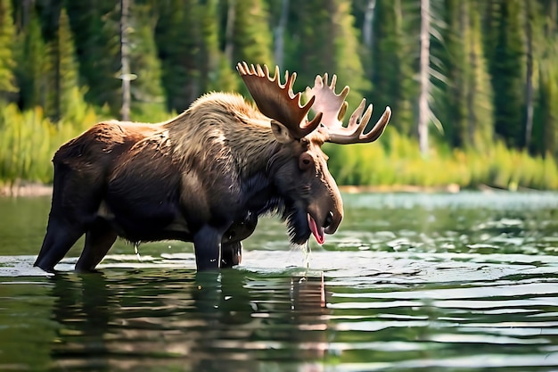 Photo a young male bull moose with antlers feeding in a lake in glacier national park montana