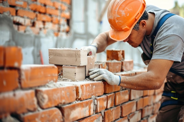 Photo young male construction worker laying a brick wall on a construction site