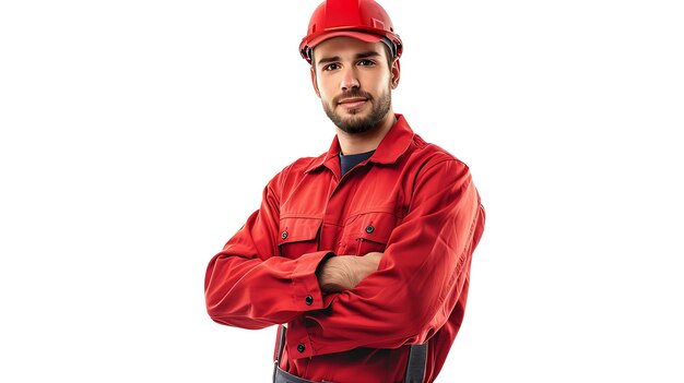 A young male construction worker wearing a red hard hat and red coveralls is standing with his arms crossed looking at the camera