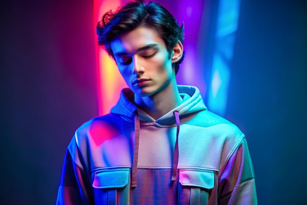 Young male dark haired model in sweatshirt with many pockets standing in studio with closed eyes in glowing neon multicolored lights