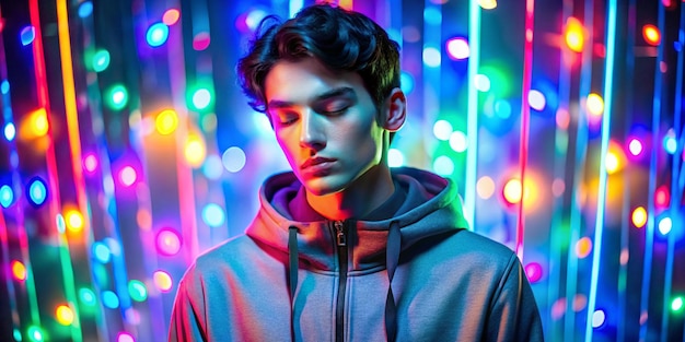 Young male dark haired model in sweatshirt with many pockets standing in studio with closed eyes in glowing neon multicolored lights