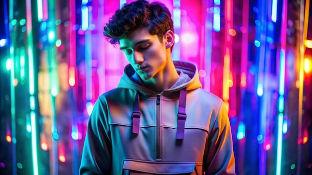 Young male dark haired model in sweatshirt with many pockets standing in studio with closed eyes in glowing neon multicolored lights