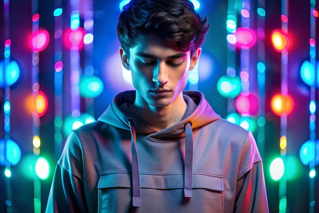 Young male dark haired model in sweatshirt with many pockets standing in studio with closed eyes in glowing neon multicolored lights