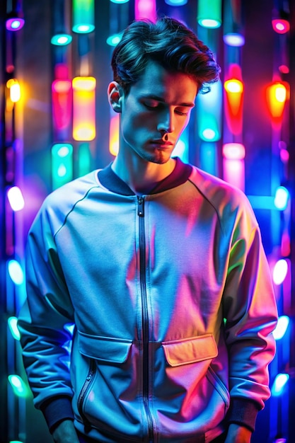 Young male dark haired model in sweatshirt with many pockets standing in studio with closed eyes in glowing neon multicolored lights