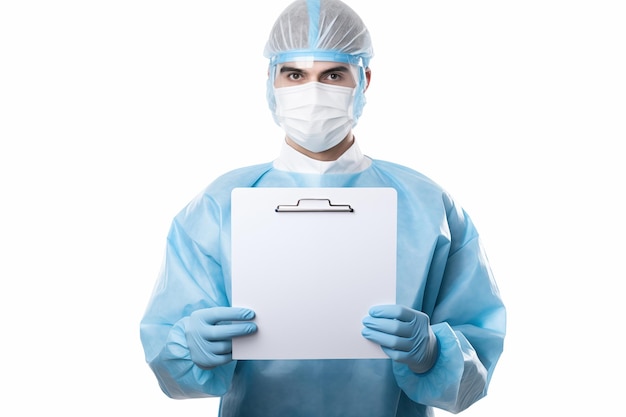 Young male doctor in blue uniform and mask with clipboard isolated on white