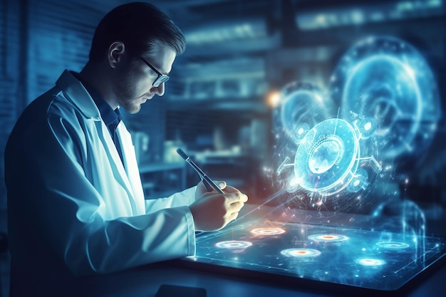 A young male doctor is wearing a lab coat and holding a clipboard in a futuristic hospital storeroom