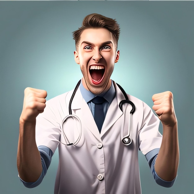 Young male doctor screaming and clenching fists in excitement on blue background