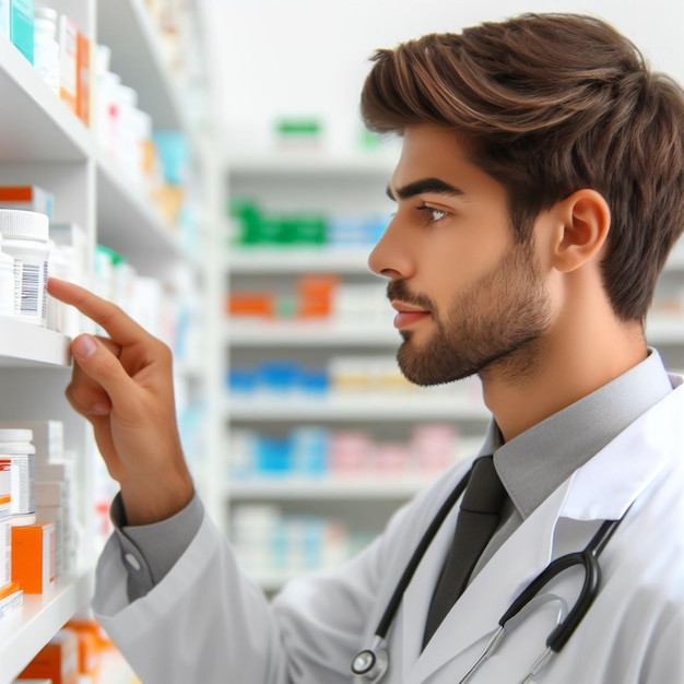 Young male doctor selecting medication from a pharmacy shelf