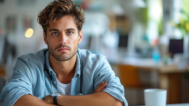 Young male doctor sitting at a desk in an office