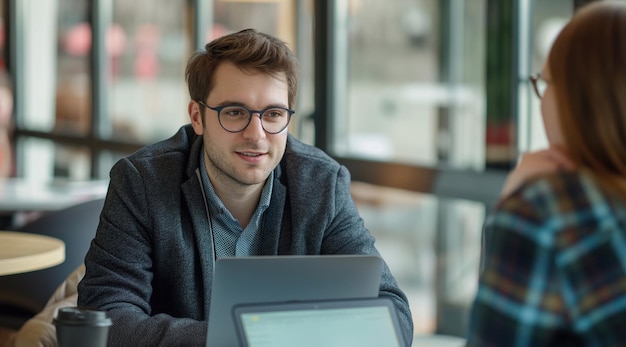 A young male employee with glasses wearing business casual is sitting at a table