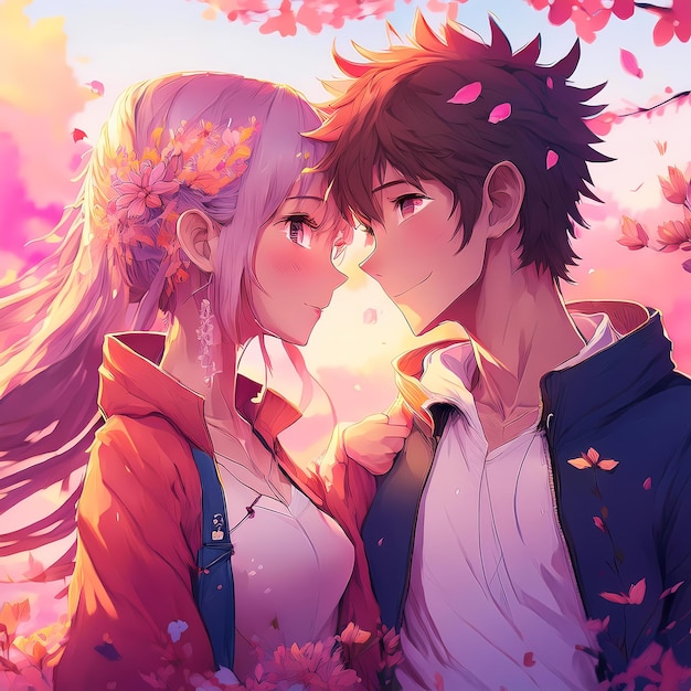 Photo young male and female anime couple dating looking at each other wallpaper