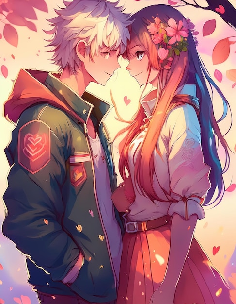 young male and female anime couple dating looking at each other wallpaper