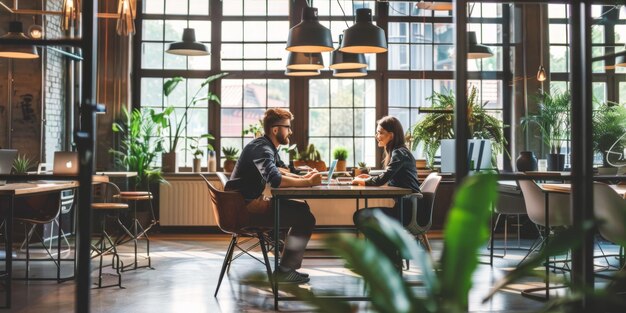 Photo young male and female businessmen are discussing business in a coffee shop