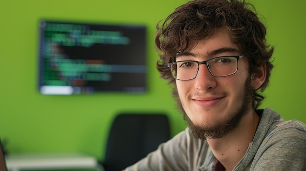 Photo young male it specialist wearing a ash color suit at office desk