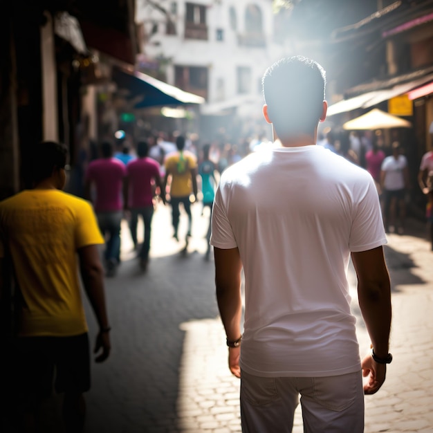 Young male model wearing a plain white tshirt at street Generative AI illustration