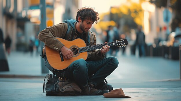 A Young Male Musician Playing a Guitar in a Vibrant Outdoor Setting Perfect for Music Events and Social Media Promotion