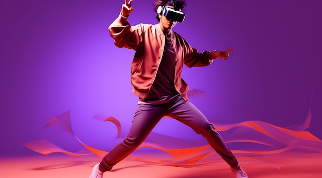 young male person wearing a vr headset and dancing