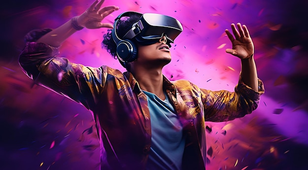 young male person wearing a vr headset and dancing