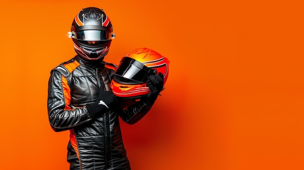 A young male racer in a black leather suit and orange helmet stands against an orange background He is holding another orange helmet in his hands